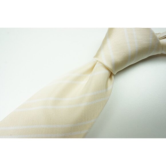 Kiton Banana Yellow White Striped Seven Fold Cotton Silk Tie Made in Italy NEW